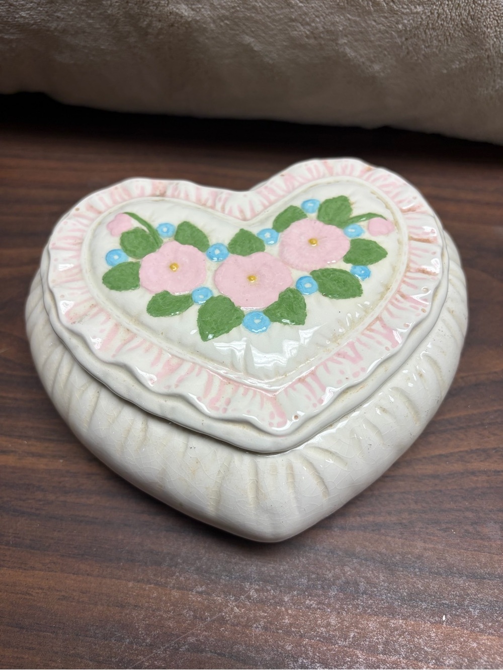 Vintage 1989 Hand Painted Ceramic Heart Trinket Box - Floral Pillow Style